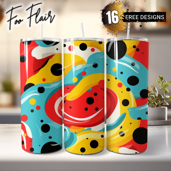 Red Yellow Black Blobs Sublimation Design for 20oz Skinny Tumbler Wrap PNG. Seamless Colorful Moebius, Bright Palette, Memphis Design