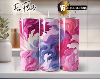 Conception abstraite de sublimation florale rose pour 20 oz Skinny Tumbler Wrap PNG. Vagues océaniques sans couture, illustration fantaisiste, violet clair et rouge