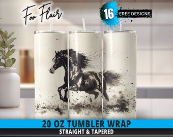 Spirit Horses Galloping Sublimation Design for 20oz Skinny Tumbler Wrap PNG. Seamless Sumi-e Ink Movement, Black, White