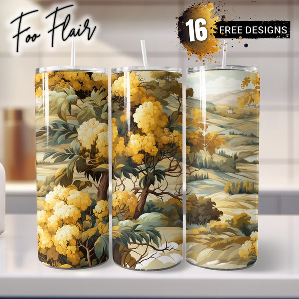 Golden Countryside Trees Sublimation Design for 20oz Skinny Tumbler Wrap PNG. Seamless Renaissance-Inspired, Yellow, Hard-Edge Painting