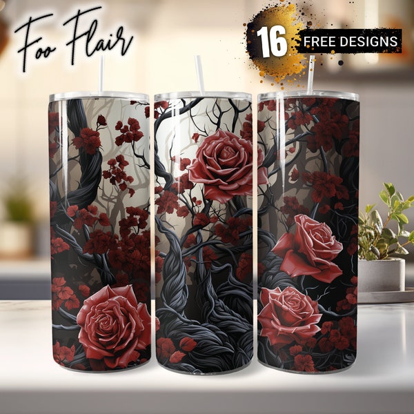 Red Roses Dark Backdrop Sublimation Design for 20oz Skinny Tumbler Wrap PNG. Seamless Psychedelic Gothic, Twisted Branches