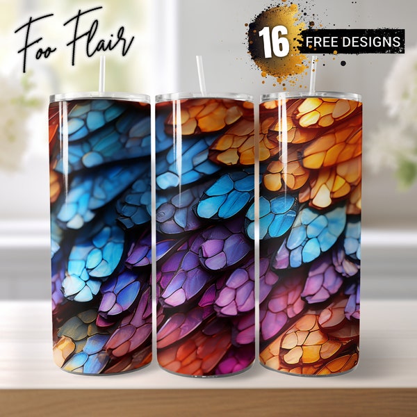 Close Up Wing Sublimation Design for 20oz Skinny Tumbler Wrap PNG. Seamless Mesmerizing Colorscape, Radiant Clusters, Nature-Inspired