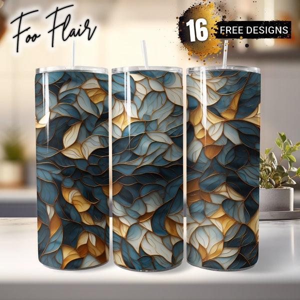 Blue Gold Leaves Mosaic Sublimation Design for 20oz Skinny Tumbler Wrap PNG. Seamless Organic Forms, Vibrant Mosaic, Muted Tones