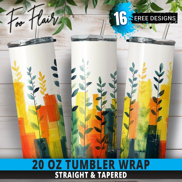 Vibrant Abstract Floral Sublimation Design for 20oz Skinny Tumbler Wrap PNG. Seamless, Varied Shades of Green, Yellow, Orange