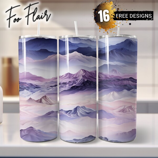 Abstract Mountain Range Sublimation Design for 20oz Skinny Tumbler Wrap PNG. Seamless Landscape, Light Violet, Dark Sky-Blue, Beige