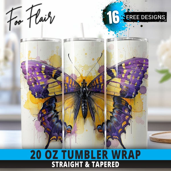 Bold Purple Butterfly Sublimation Design for 20oz Skinny Tumbler Wrap PNG. Seamless Urban Artistry, Vibrant Yellow and Purple Hues