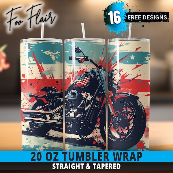 Patriotic Harley-Davidson Motorcycle Sublimation Design for 20oz Skinny Tumbler Wrap PNG. Seamless American Pride, Vivid Reds, Whites, Blues