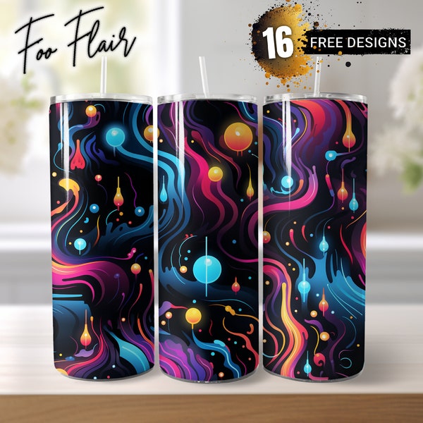 Abstract Galaxy Sublimation Design for 20oz Skinny Tumbler Wrap PNG. Seamless Neon Installations, Playful Whimsical, Dark Compositions