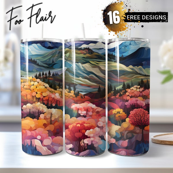 Fall Colors Hills Sublimation Design for 20oz Skinny Tumbler Wrap PNG. Seamless Vibrant Colorscape, Whistlerian, Nature-Based Patterns