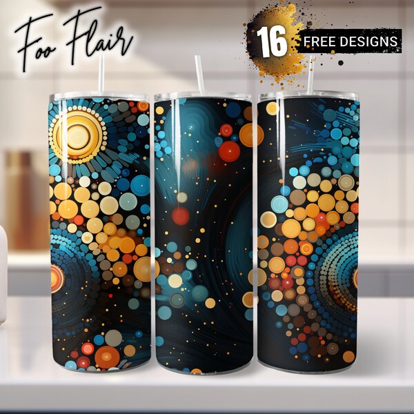 Circles Abstraction Sublimation Design for 20oz Skinny Tumbler Wrap PNG. Seamless Dark Sky-Blue, Dark Amber, Psychedelic Artwork