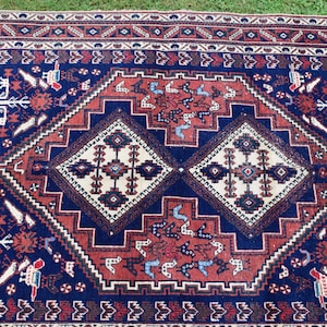 Vintage Caucasian Rug Hand Knotted Caucasus Vintage Carpet Blue Rug Caucasus Rug Tribal Rug Home Deco Rug Designer Blue Rug Size: 3&#39;4x4&#39;5 ft
