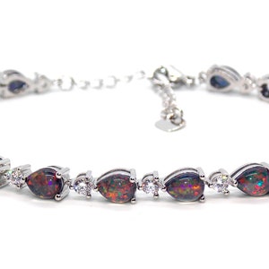 Silver Black Fire Opal And Diamond 12.48ct Tennis Bracelet Adjustable