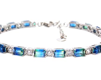 Silver Green Mystic Topaz & Diamond Emerald Cut 7.86ct Tennis Bracelet Adjustable (925)