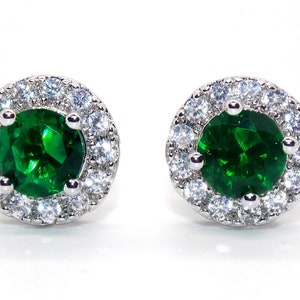 Sterling Silver Emerald & Diamond 2.69ct Round Cut Earring (925)
