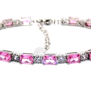 Silver Pink Sapphire And Diamond Emerald Cut 7.86ct Tennis Bracelet Adjustable