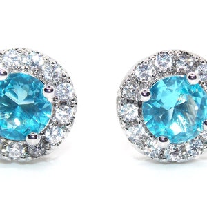 Sterling Silver Aquamarine & Diamond 2.69ct Round Cut Earring (925)