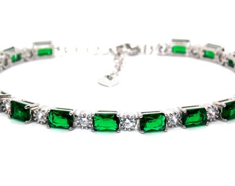 Silver Emerald And Diamond Emerald Cut 7.86ct Tennis Bracelet Adjustable