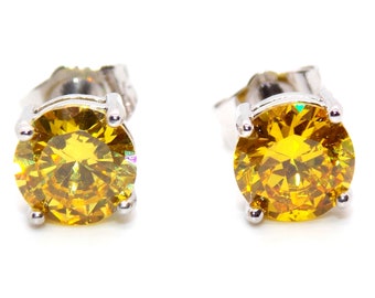 14K White Gold Plated Silver Sapphire Canary Yellow Round Stud Earrings 4mm-6mm