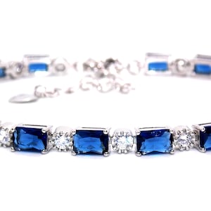 Silver Blue Sapphire And Diamond Emerald Cut 7.86ct Tennis Bracelet Adjustable
