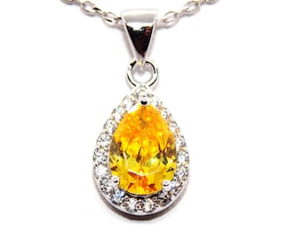 Sterling Silver Citrine & Diamond 2ct Necklace (925) Free Gift Box