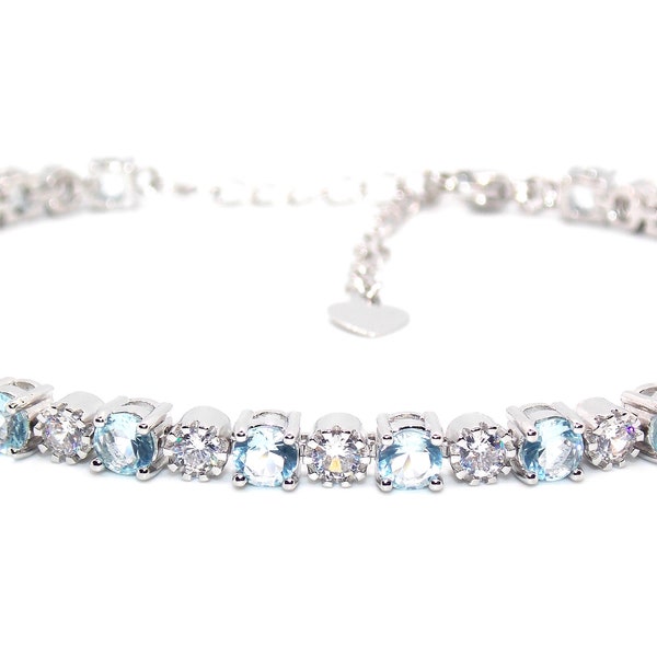 Silver Aquamarine & Diamond 8.14ct Round Cut Tennis Bracelet (925)