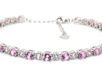 Silver Pink Sapphire & Diamond 8.14ct Round Cut Tennis Bracelet (925)