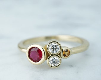 Ruby Diamond Citrine Round Natural Gemstone Bezel Ring, Birthstone Ring, Mothers Ring, Cluster 14k Gold Ring, Gift for Her, Graduation Gift