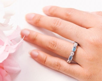 Gemstone Eternity Band, Diamond Blue Aquamarine Natural Stones, Unique Anniversary Band,Emerald Cut Round Thick 14k Gold Band,Promise Ring