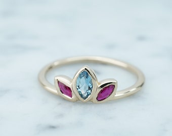 Natural Ruby Aquamarine Marquise Ring, Gemstone Bezel Ring, Three Stone Design, 14K Yellow Gold, Birthstone, Delicate, Dainty, Petite, Gift