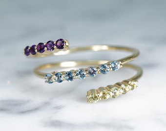 Gold Gemstone Wrap Ring, Multi Gemstone, Aquamarine, Peridot, Amethyst, Modern Design, Mothers Ring, Birthstones,Sleek Look,Stylish,14k Gold