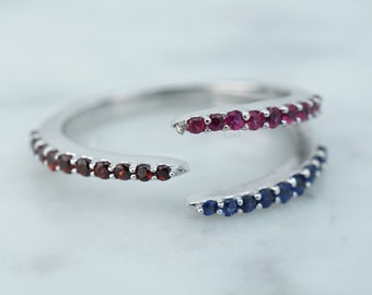 Ruby Sapphire Garnet Gemstone Ring, Trendy Multi stone Ring in White Gold, Minimalist Design, Stacking Ring, Family Birthstone Modern Ring