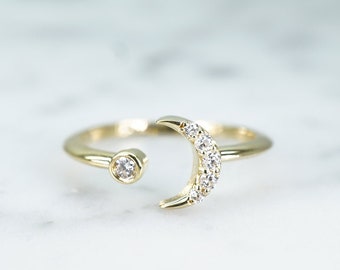 Sun Moon Gold Diamond Minimalist Ring, 14k Solid Gold,Graduation Gift,Natural Stones Real Gold Jewelry