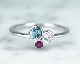 Diamond Ruby Swiss Blue Topaz Round Bezel Ring, 14k White Gold, Natural Earth mIned Gemstones, Multi Gemstone, Birthstone Ring,Cluster Ring