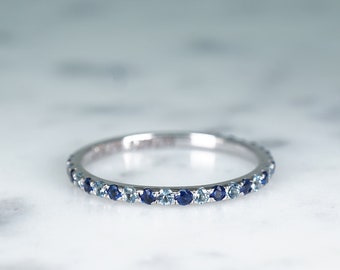 Blue Sapphire Eternity Band with Aquamarine, Half Eternity, Narrow Stacking Band, Birthstones, Natural Multi Gemstones,Unique Wedding ring