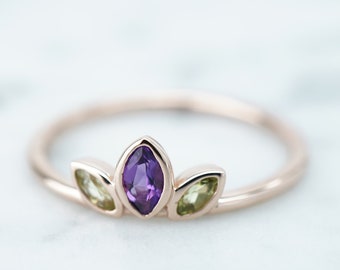 Marquise Cut Bezel Gemstone Ring, Peridot Amethyst Natural 14k Rose Gold Ring, Three Stone Ring,Minimalist Design, Anniversary Birthday Gift