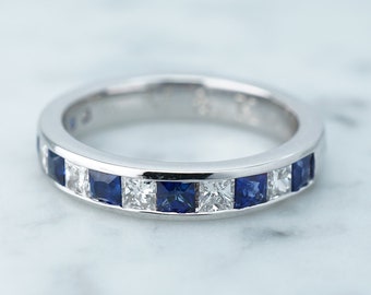 Diamond Blue Sapphire Half Eternity Band,Alternating Stone Wide 18k Gold Band,Princess Cut, Square Natural High Quality Fine gemstones