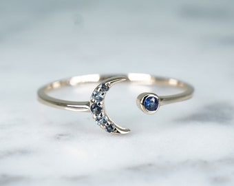 Blue Sapphire Trendy Ring, Sun Moon Gold Gemstone Ring, 14k Solid Gold,Celestial Jewelry,Birthday Gift, Genuine Gemstone, Cute Dainty Ring