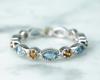 Gemstone Eternity Band, Aquamarine Marquise Citrine Round Semi Precious14k Gold Full Eternity Ring, Milgrain Shank, Fancy Band, Customise