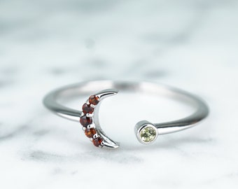 Sun Moon Gold Gemstone Ring, 14k Solid Gold, Garnet and Peridot Ring,Celestial Jewelry,Birthday Gift, Genuine Gemstone, Cute Ring
