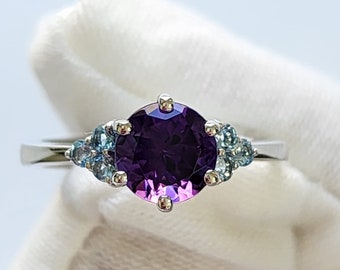 Amethyst Ring in 18K Gold with Aquamarine Accent Stones, Natural Gemstones, Unique Design, Two Tone Ring, Alternate Engagement, Promise Ring