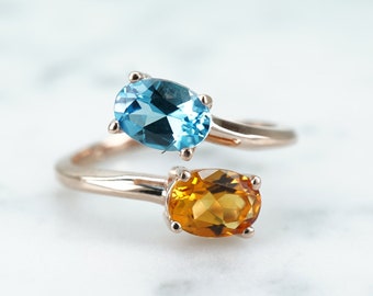 Swiss Blue Topaz Citrine Oval Ring 14k Rose Gold, Natural Earth mIned Gemstones, Multi Gemstone, Birthstone Ring, Bypass Setting,Modern