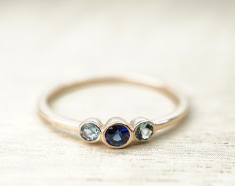 Sapphire Ring, Bezel Set 14k Rose Gold, Aquamarine accent Stones, Women's Engagement Ring, Solid Gold, Dainty Delicate, Minimal Ring