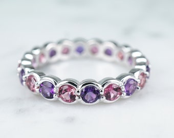 Gemstone Eternity Band, Natural Amethyst Pink Tourmaline Gold Ring, 14K Gold, Unique Jewelry, Gift for wife, Alternating Round Stones