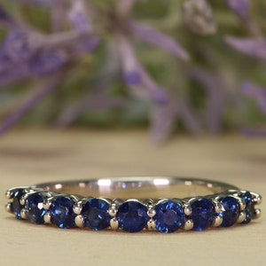 Genuine Natural Sapphire Half Eternity Band in 14k White Gold/ Wedding Band/Anniversary Ring/ Custom made band/ Gemstone Band/Round Sapphire