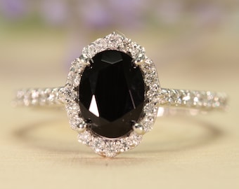 Schwarzer Onyx Oval Diamant Halo Ring, Verlobung, Versprechensring, Jubiläum, klassischer Ring, Diamant Pave Halo, ovaler Onyxring, billiger Diamantring