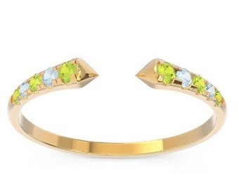 14K Gold Peridot Aquamarine Ring, Open Claw Setting, Pave Natural Gemstones, Open Cuff Ring, Modern Design,Trendy Ring,Spike Ring,Stackable