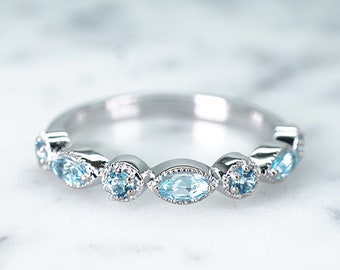 Swiss Blue Topaz Round and Marquis Half Eternity Band, 14k White Gold, Ready to ship, Stackable Ring