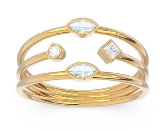 Diamond and Blue Aquamarine Fancy Gold Ring, Unique Engagement Ring, 10th Anniversary Gift, Modern Jewelry, 14K Gold,Marquis Natural Diamond