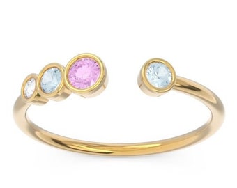 Dainty Gold Gemstone Ring, Diamond Blue Aquamarine Pink Tourmaline in 14k Gold, Bezel Set Modern Stacking Ring,Open Shank Setting,Trendy