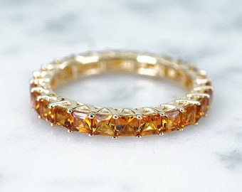 Citrine Eternity Gold Band/ Princess Cut Natural Gemstone Wide Band/Stacking Ring/Square Orange Gemstone Solid Gold/Thick 14k Gold Band